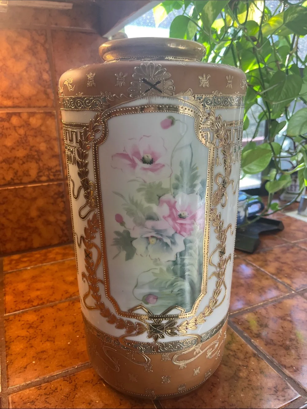 Nipon Pink Floral Gold-Trim Porcelain Vase